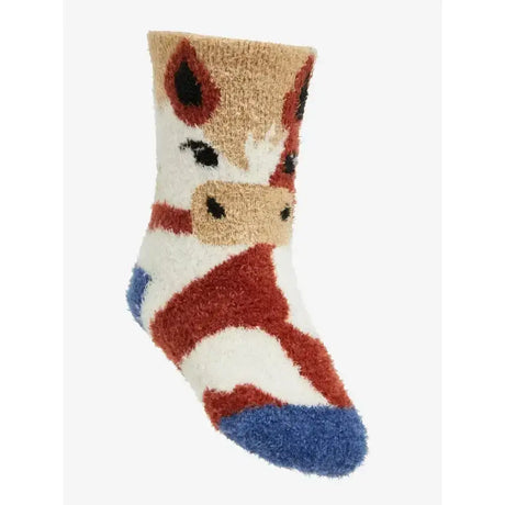 Lemieux mini fluffy character socks with a cute horse face, tan white fur texture, red stripes, black eyes, and blue toe