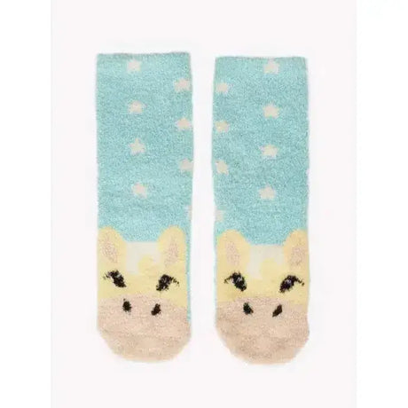 A pair of lemieux mini fluffy character socks lemon in light blue with white stars and a cute yellow giraffe face