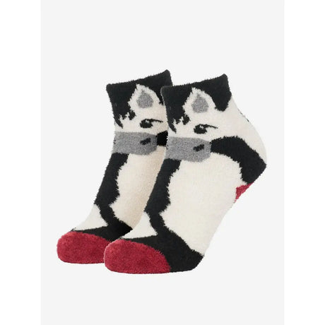 Black and white lemieux mini fluffy character socks razzle with husky face gray accents red toe caps soft fleece material