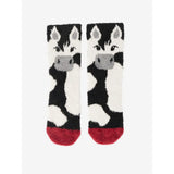 A pair of lemieux mini fluffy black and white zebra character socks razzle with gray accents and soft red toe caps