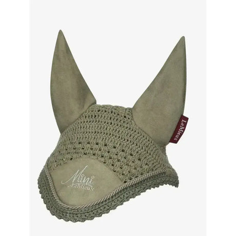 Olive green lemieux mini fly hood with suede ears and mini lemieux logo patch in fly hood fern style