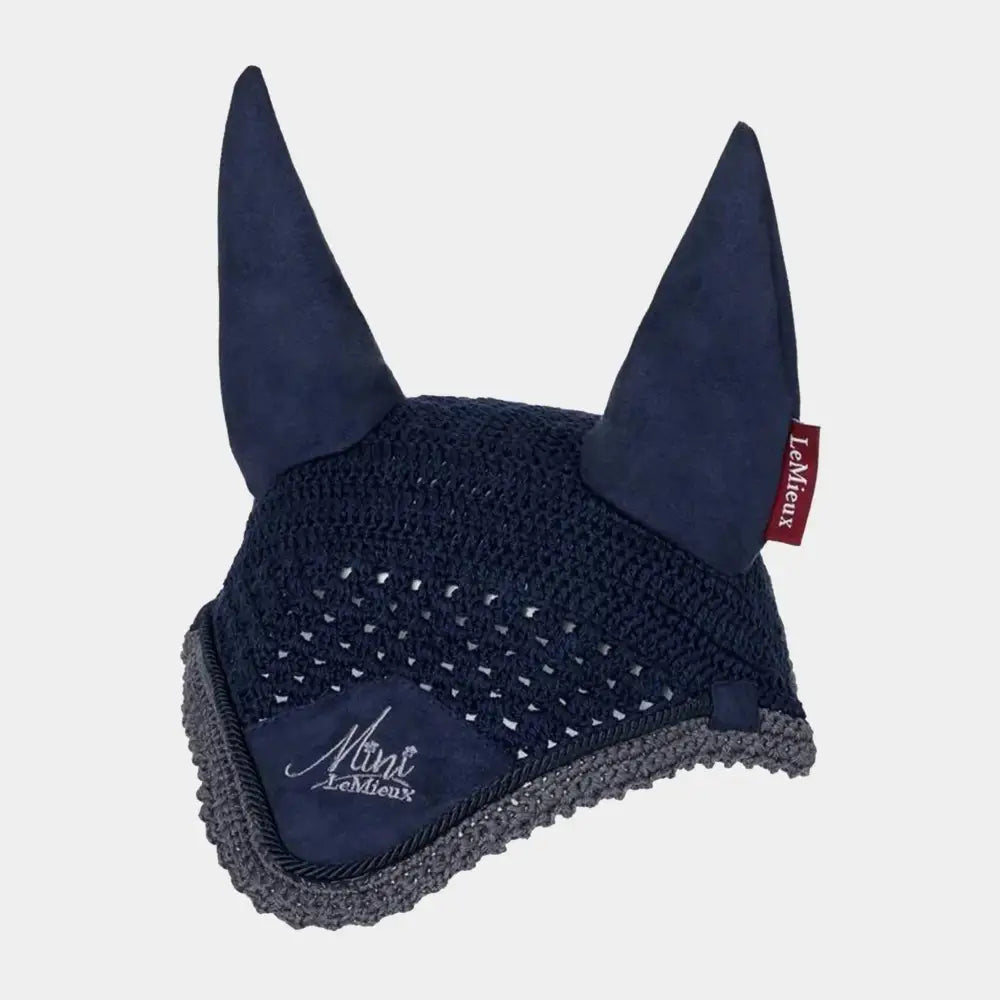 Navy blue lemieux mini fly hood indigo crocheted horse ear bonnet with suede ears and gray textured trim