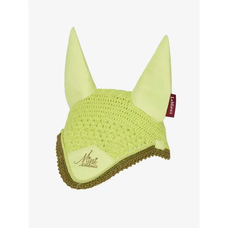 Lemieux mini fly lime green crocheted horse ear bonnet with olive trim and red brand tag for equestrian use