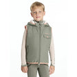 A child models a gray and pink lemieux mini george gilet with hood zipper closure and side pockets rosemary style