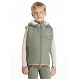 A child models a gray and pink lemieux mini george gilet with hood zipper closure and side pockets rosemary style