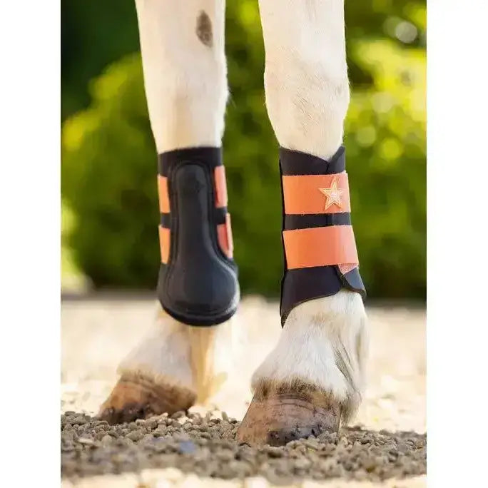 Black and orange lemieux mini grafter boots apricot with star emblem on strap for horse hooves