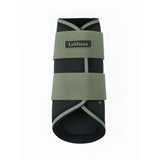 Black and olive green lemieux mini grafter brushing boots rosemary with white stitching for horse leg protection