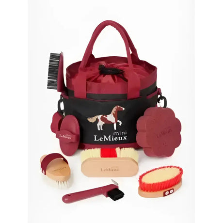 Red and black lemieux mini grooming set with drawstring top includes brushes hoof picks and floral curry comb