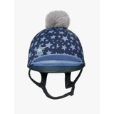 A navy blue lemieux mini hat silk indigo equestrian helmet cover with light gray stars and a gray pom-pom on top