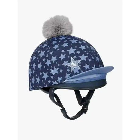 Navy blue star patterned lemieux mini hat silk indigo with gray faux fur pom pom and light blue brim from indigo collection