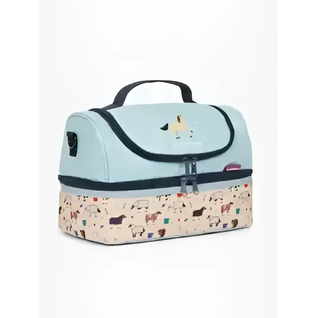 Light blue and beige lemieux mini holdall aqua with two tiers playful farm animal print and black trim accents with handle