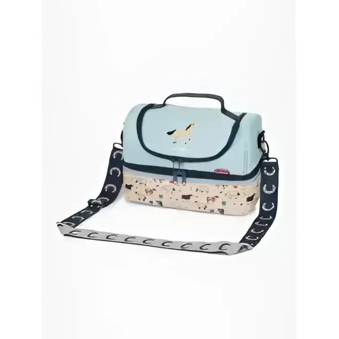 Light blue and cream insulated lemieux mini holdall aqua with horse design black trim and patterned strap