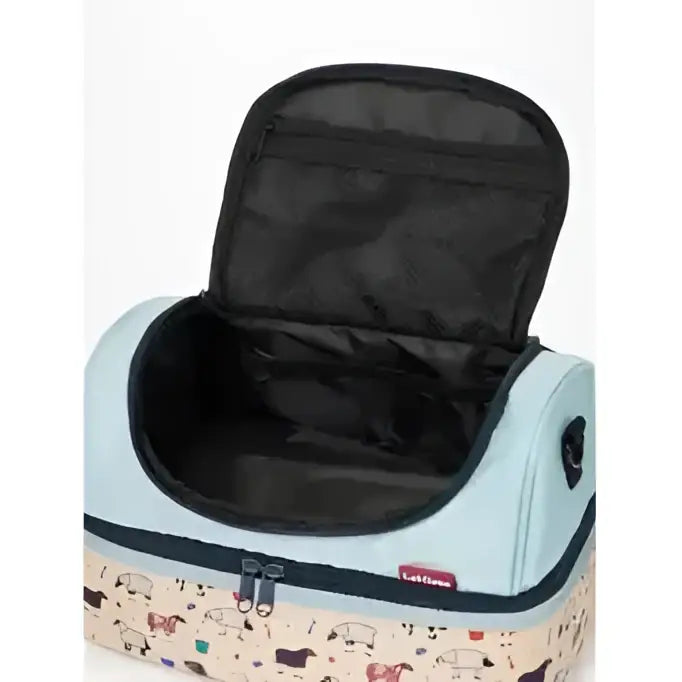 Light blue insulated lemieux mini holdall aqua with playful farm animal pattern and black interior lining for easy carrying
