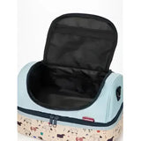 Light blue insulated lemieux mini holdall aqua with playful farm animal pattern and black interior lining for easy carrying