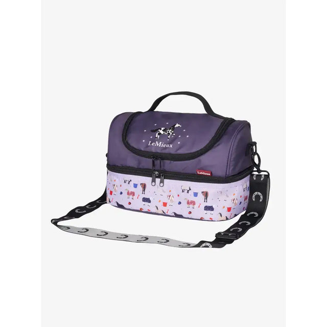 Purple and white two-toned insulated lemieux mini holdall juniper childs carry bag with horse print black handle and strap