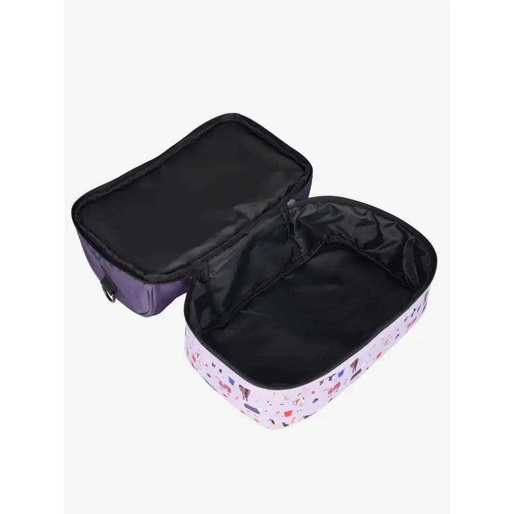 A lemieux mini holdall childs carry bag with white exterior colorful cartoon prints and black interior lining open rectangular shape