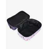 A lemieux mini holdall childs carry bag with white exterior colorful cartoon prints and black interior lining open rectangular shape