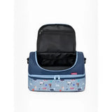 A navy blue and light gray insulated lemieux mini holdall with white dogs red apples and green trees pattern