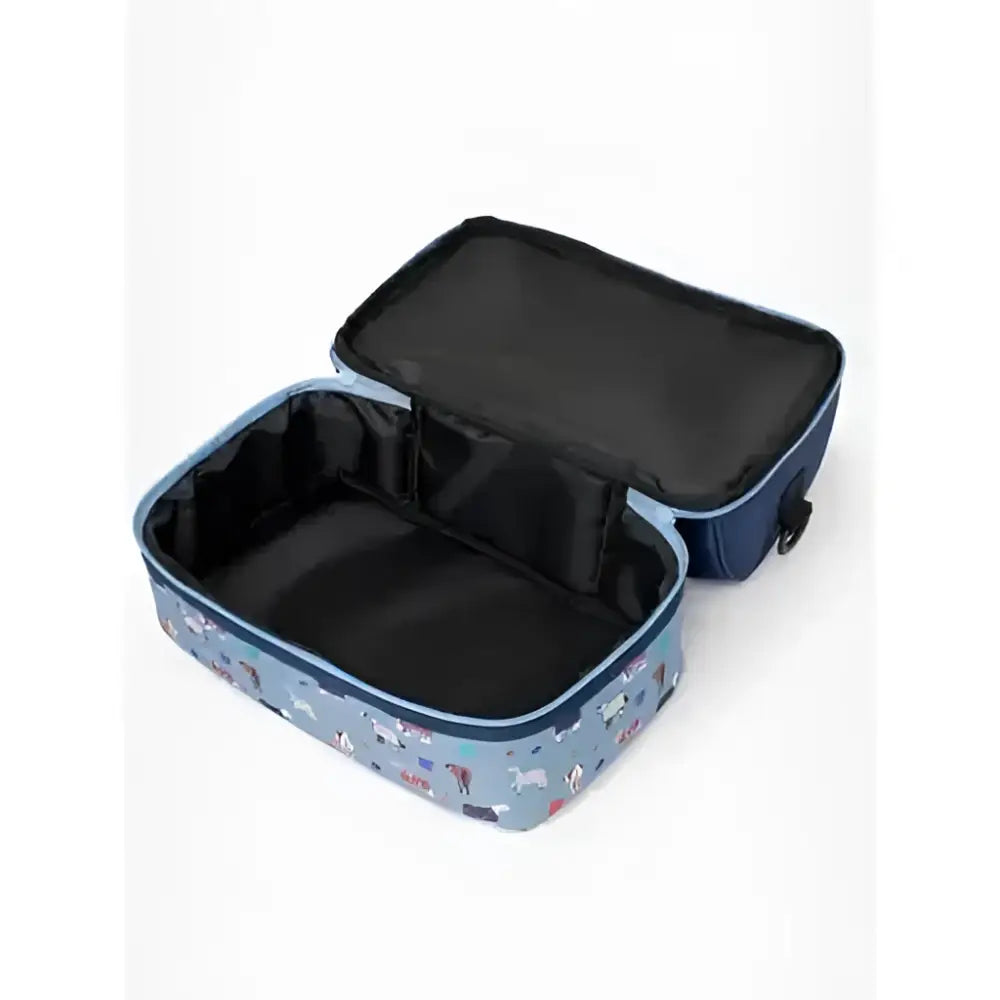 Blue lemieux mini holdall navy with playful cartoon animal pattern and black interior lining for easy packing