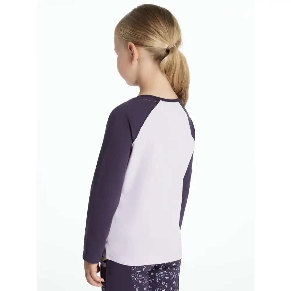 A lemieux mini jamie long sleeve shirt with white body and dark purple sleeves perfect for kids casual wear