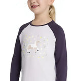 White and navy lemieux mini jamie lemon long sleeve top with a whimsical pastel unicorn graphic in soft lilac tones