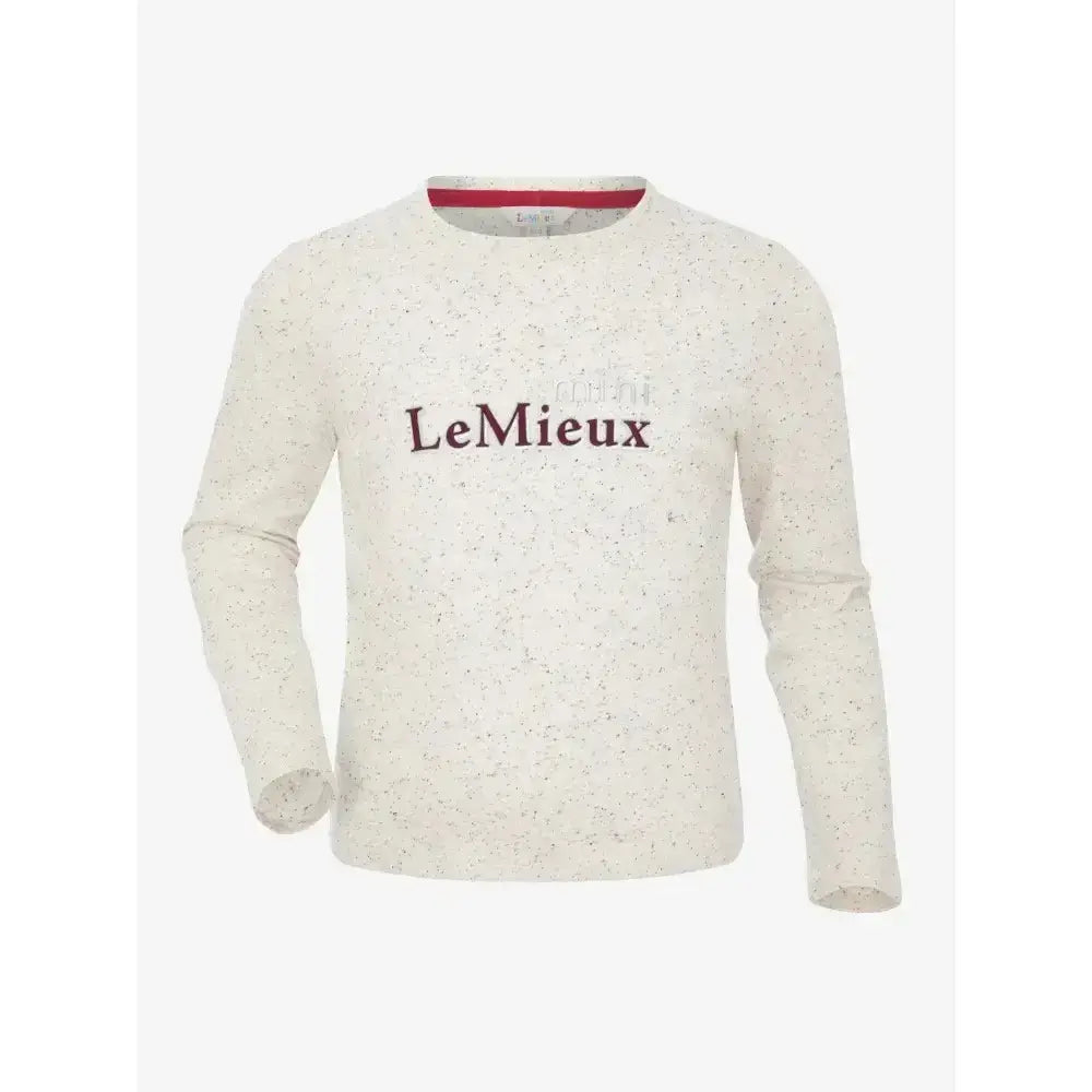 Cream-colored speckled lemieux mini jessie long sleeve sweater with lemieux embroidered in dark brown across the chest