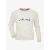 Cream-colored speckled lemieux mini jessie long sleeve sweater with lemieux embroidered in dark brown across the chest