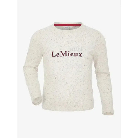 Cream-colored speckled lemieux mini jessie long sleeve sweater with lemieux embroidered in dark brown across the chest
