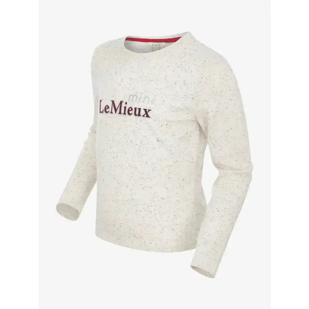 Cream lemieux mini jessie long sleeve top with speckled texture and dark brown lemieux logo on chest