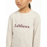 A soft heathered gray lemieux mini jessie long sleeve sweatshirt with burgundy embroidery across the chest