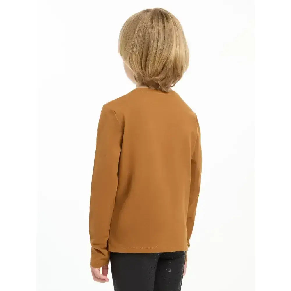 A child wearing a lemieux mini jessie classic relaxed-fit long-sleeved top in ginger nep cluster-textured fabric
