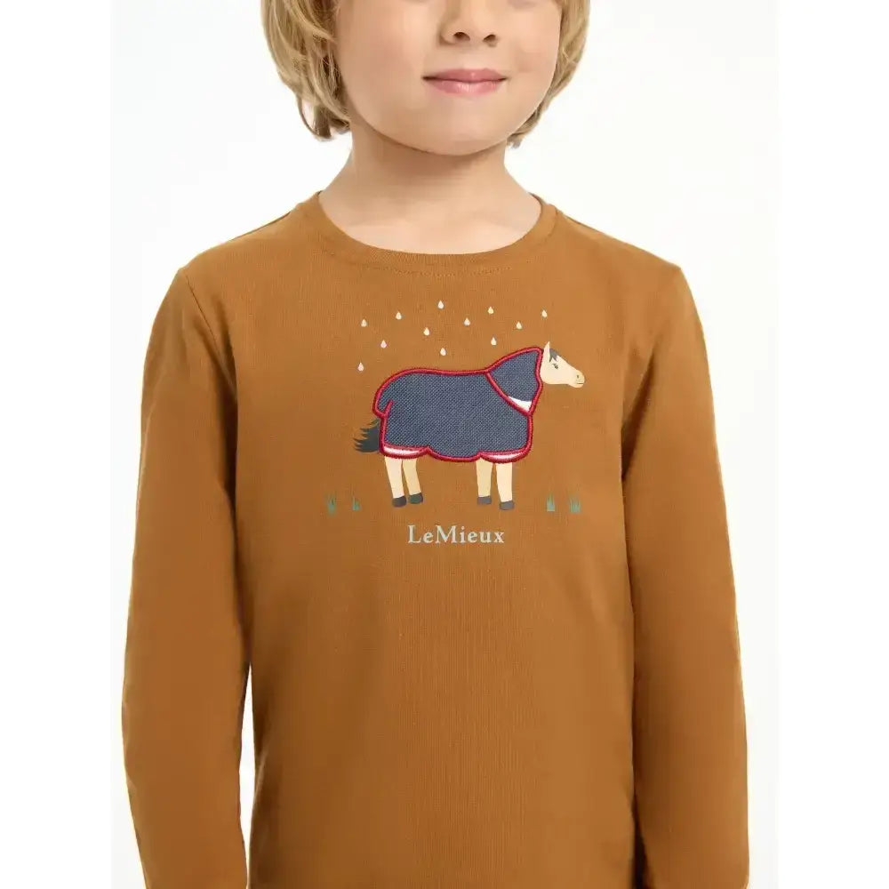 Lemieux mini jessie classic relaxed-fit long-sleeved brown cotton shirt with navy horse embroidery in nep fabric