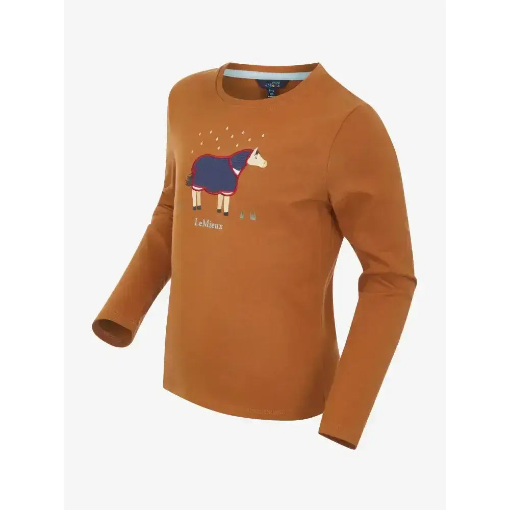 A warm orange lemieux mini jessie classic relaxed-fit long-sleeved top with embroidered horse in nep cluster-textured fabric
