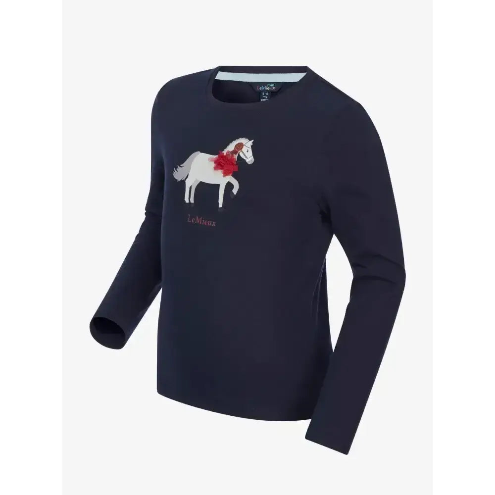 Navy lemieux mini jessie classic relaxed-fit long-sleeved top with white horse and red floral on nep cluster-textured fabric