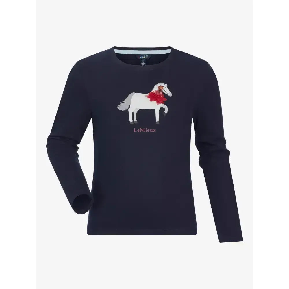 Navy lemieux mini jessie classic relaxed-fit long-sleeved top with white horse graphic and nep cluster-textured fabric