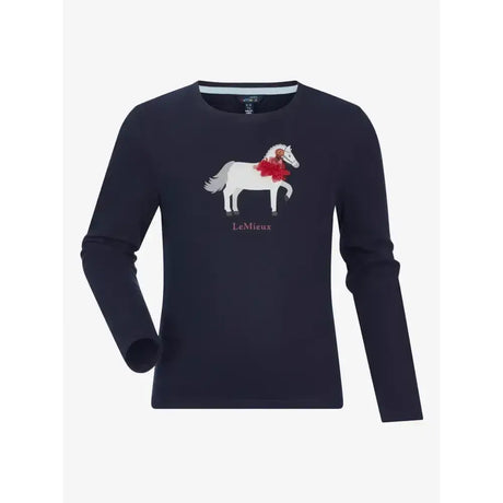 Navy lemieux mini jessie classic relaxed-fit long-sleeved top with white horse graphic and nep cluster-textured fabric