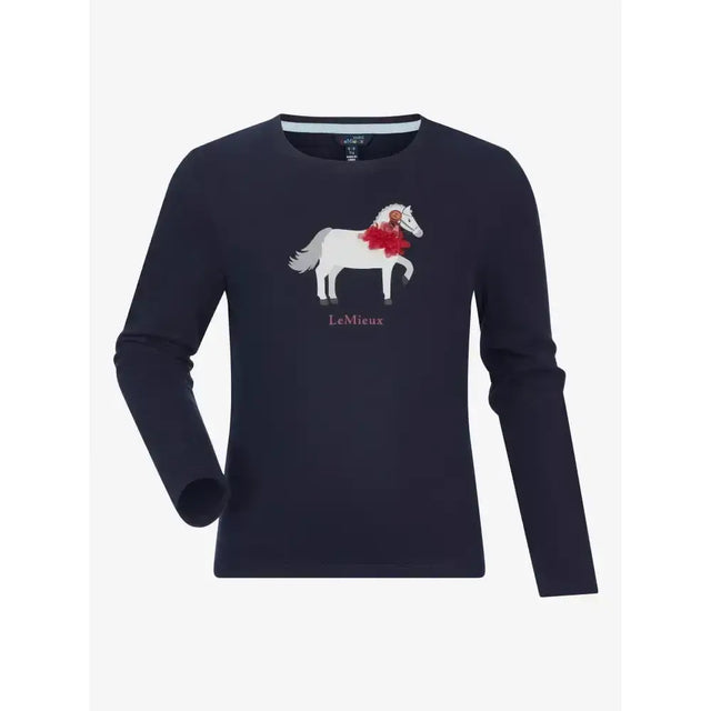 Navy lemieux mini jessie classic relaxed-fit long-sleeved top with white horse graphic and nep cluster-textured fabric