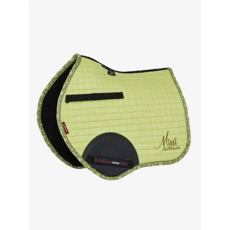 Lemieux mini jump suede saddle pad in lime green quilted with black trim and camo edges featuring a logo patch
