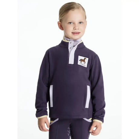 Navy blue lemieux mini mae popper fleece jacket with white trim and horse logo patch perfect for kids riding or casual wear