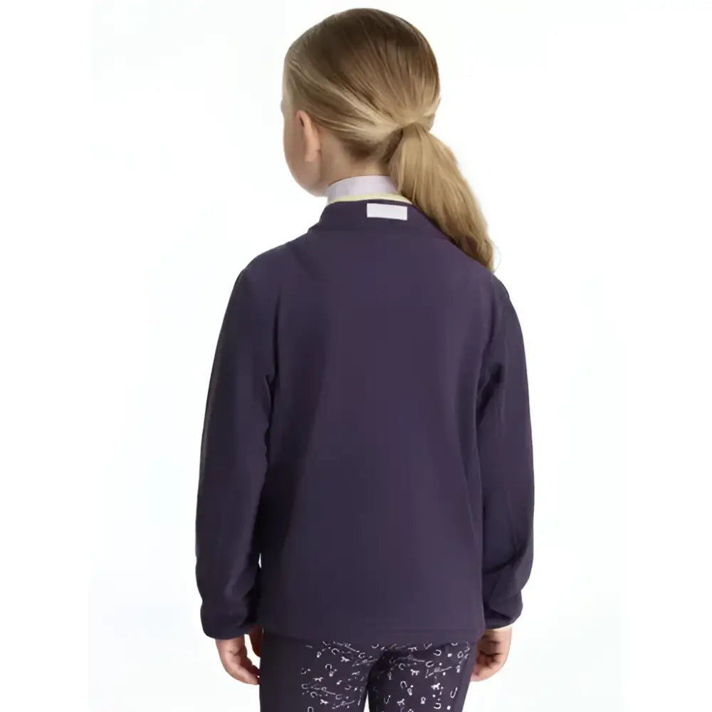 Navy blue lemieux mini mae popper fleece jacket with long sleeves and a small white tag at the back neckline