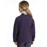 Navy blue lemieux mini mae popper fleece jacket with long sleeves and a small white tag at the back neckline