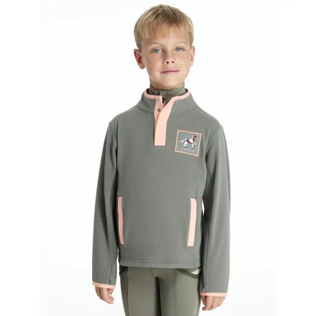 Gray fleece quarter-zip jacket with pink trim and horse patch from lemieux mini mae mini mae popper fleece collection