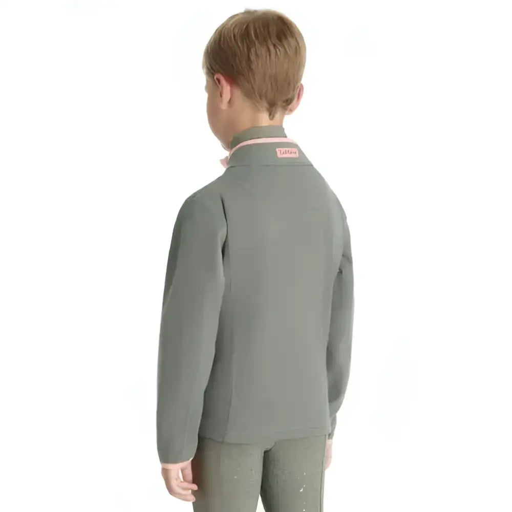 Gray lemieux mini mae popper fleece jacket for kids with a soft pink collar tag perfect for chilly days