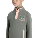 Gray lemieux mini mae fleece jacket with pink trim and horse logo patch featuring half-zip popper style