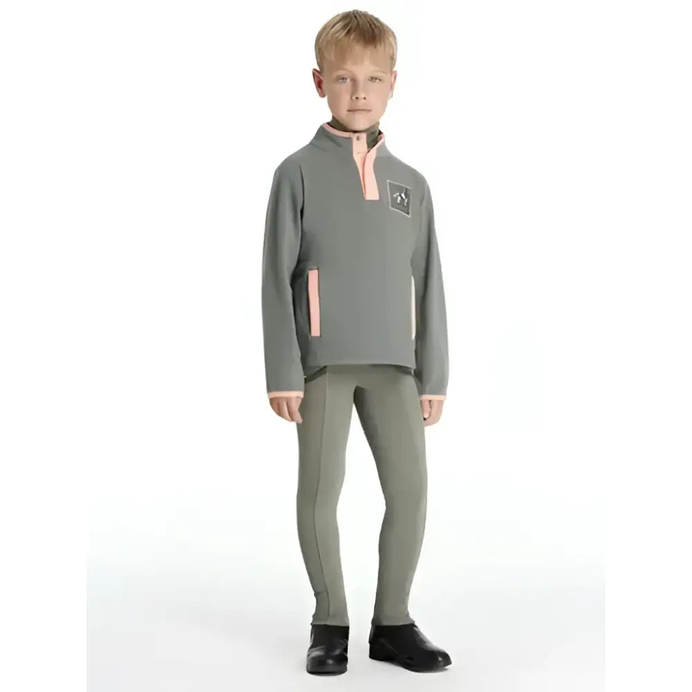 Gray fleece lemieux mini mae half-zip jacket with pink zipper and side panels featuring small logo patch on chest