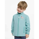 A child wearing a lemieux mini mari micro fleece aqua zip-up jacket in light teal with a small horse embroidery on chest