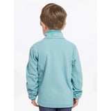 A child wearing the back of a lemieux mini mari micro fleece aqua jacket in light teal with high collar and brand logo