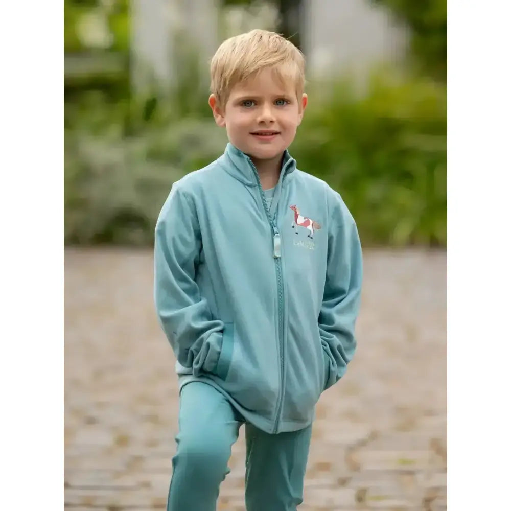 A light blue lemieux mini mari zip-up micro fleece aqua jacket with an embroidered horse on the left chest