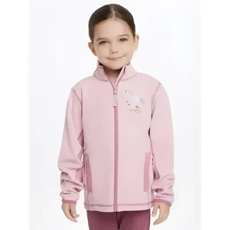Pink lemieux mini mari micro fleece children jacket with white unicorn embroidery on left chest blossom design