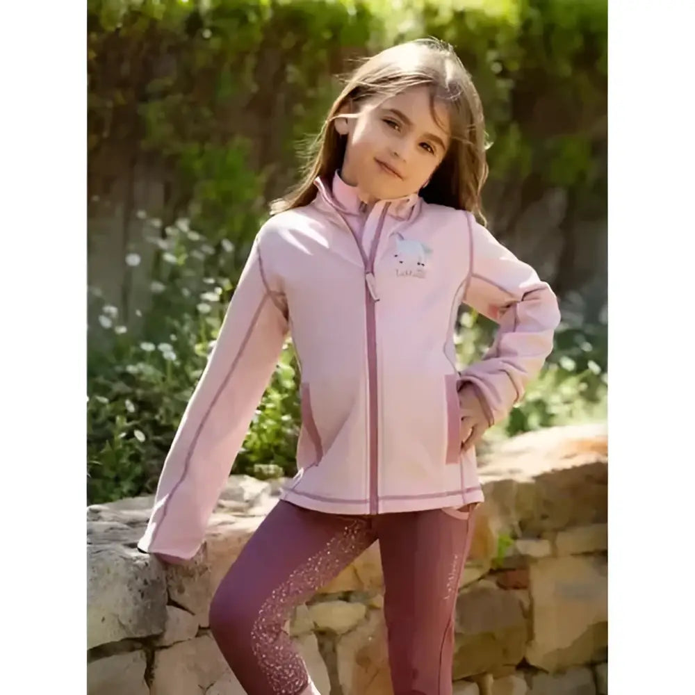 Pink lemieux mini mari zip-up fleece jacket with subtle embroidered unicorn design in soft mari micro fleece blossom